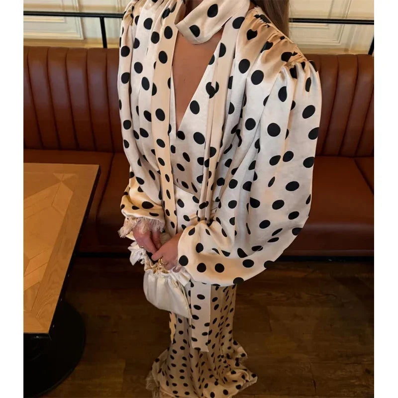 Ensemble 2 Pièces À Pois Femme - Chemise Manches Longues & Jupe Avec Foulard | Style Élégant Printemps 2026