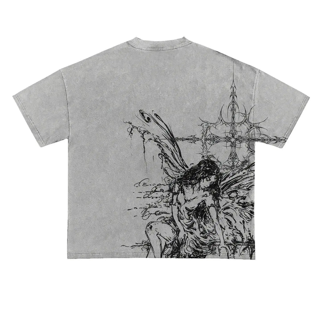 Unisex Oversize T-Shirt Bedruckt Aesthetic Y2K Gothic Grau – Kurzarm Hip Hop Casual | Sommer