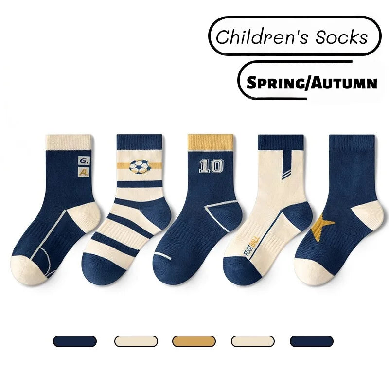 Lot 5 Paires Chaussettes Garçon Coton Rayures Motif Football – Chaussettes Enfant Printemps Automne 1-14 Ans