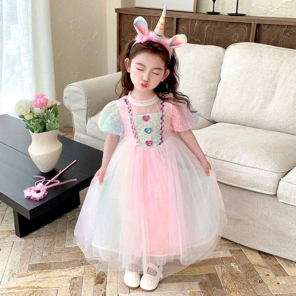 Meerjungfrau Prinzessin Kleid Mädchen Pailletten Perlen Puffärmel – Faschingskostüm Halloween Cosplay