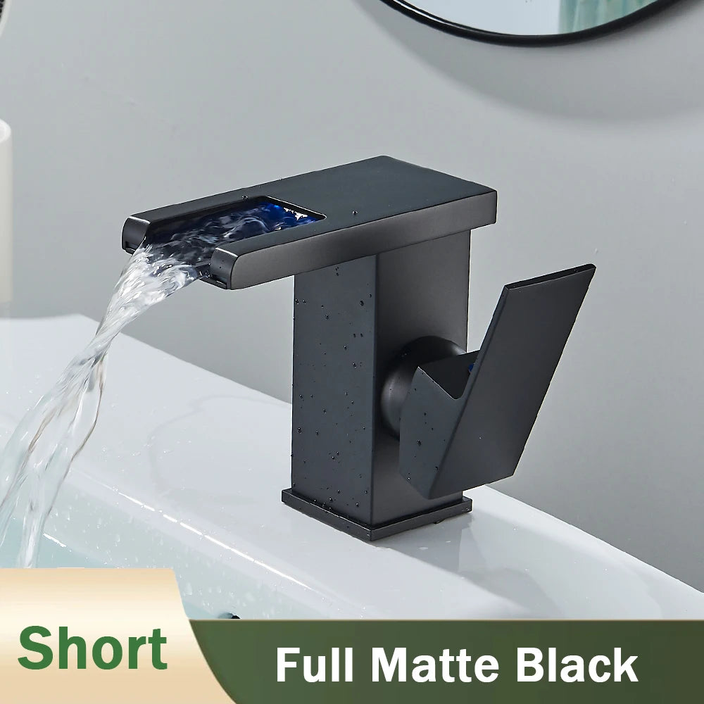 Rozin Robinet Lavabo Noir LED Cascade Hydroélectrique – Mitigeur Eau Chaude & Froide, Lumière LED Automatique | Vasque Design