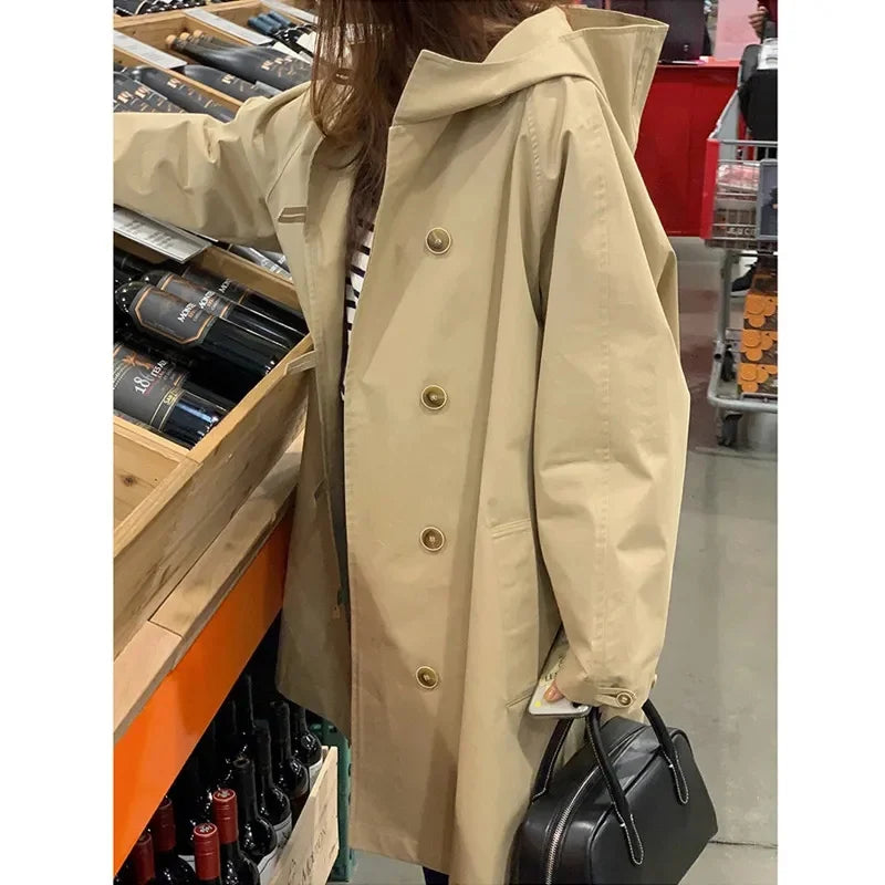 Coupe-Vent Femme À Capuche Loose Doublé Manches Longues – Veste Trench Casual Chic Printemps Automne | Mode Tendance