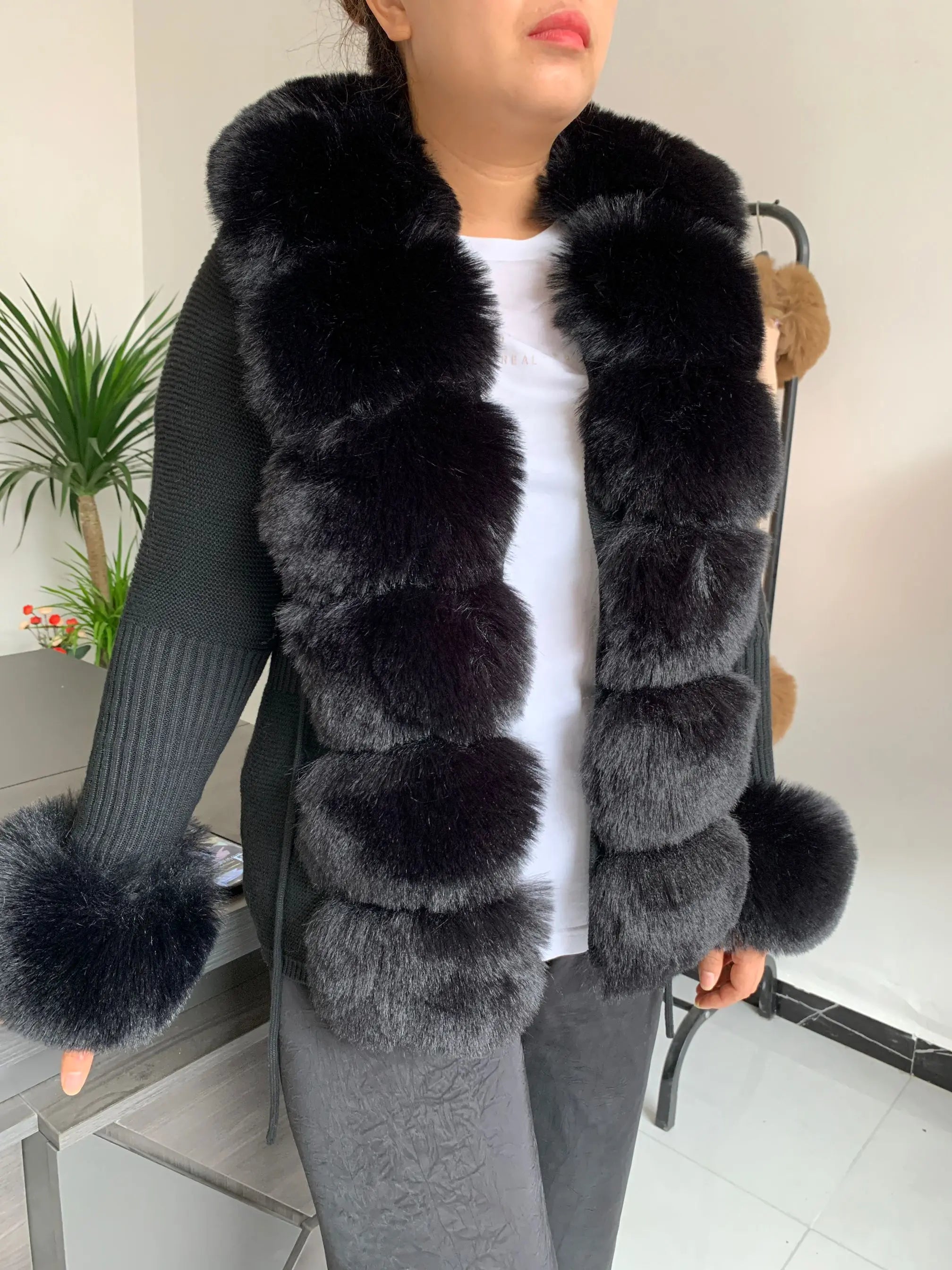 Damen Cardigan Strick Kragen Kunstpelz Fuchs Elegant – Chic & Luxuriöser Pullover Mantel | Frühling Herbst