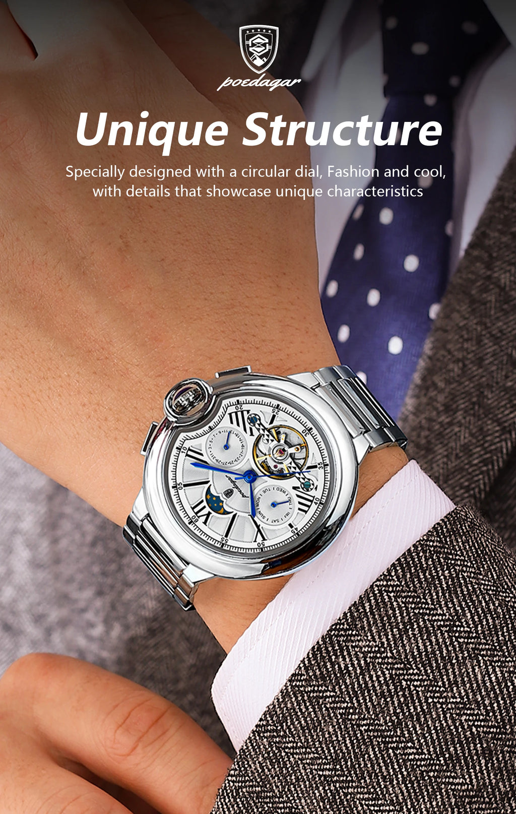 Montre Homme POEDAGAR Tourbillon Automatique Militaire – Acier Date Semaine Étanche