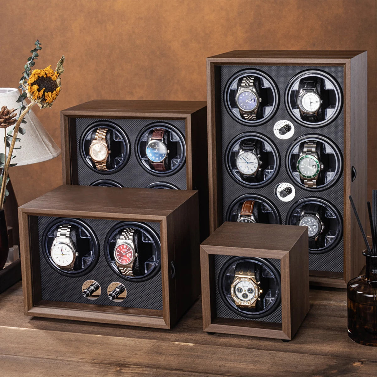 Remontoir Montre Automatique 1/2/4/6 Slots Boîte Bois Moteur Silencieux LED Bleue Vitrine Bijoux Premium | Remontoir Montre Automatique Bois LED Premium