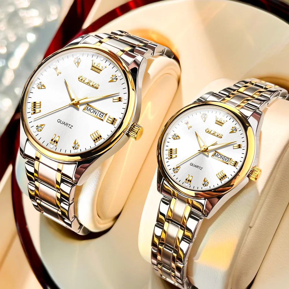 Montre Couple OLEVS Or Luxe Quartz – Acier Lumineux Étanche Date Semaine Tendance