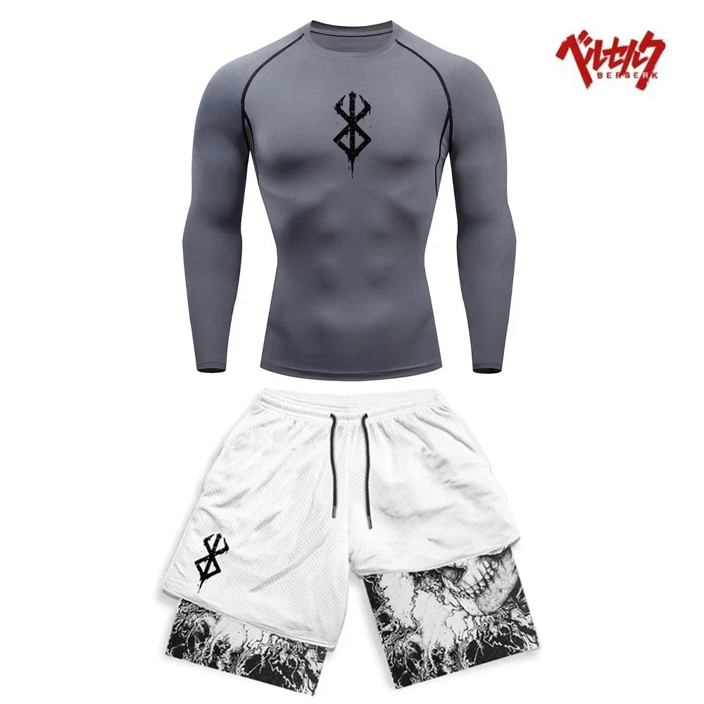 Ensemble Compression Homme Anime Berserk – T-Shirt + Short Gym Séchage Rapide | Running, Fitness & Workout Été | Sportswear Manga