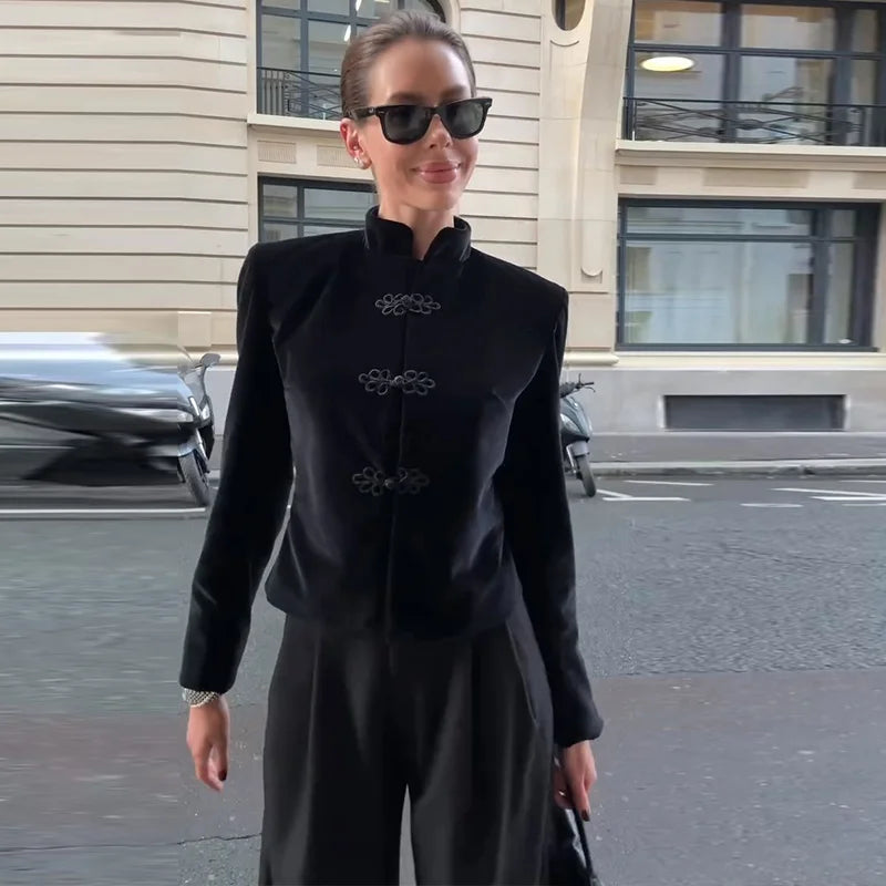 Veste Femme Velours Noir Franges Boutons Nœuds Ourlet Asymétrique Manches Longues Slim – Élégante Streetwear & Bureau