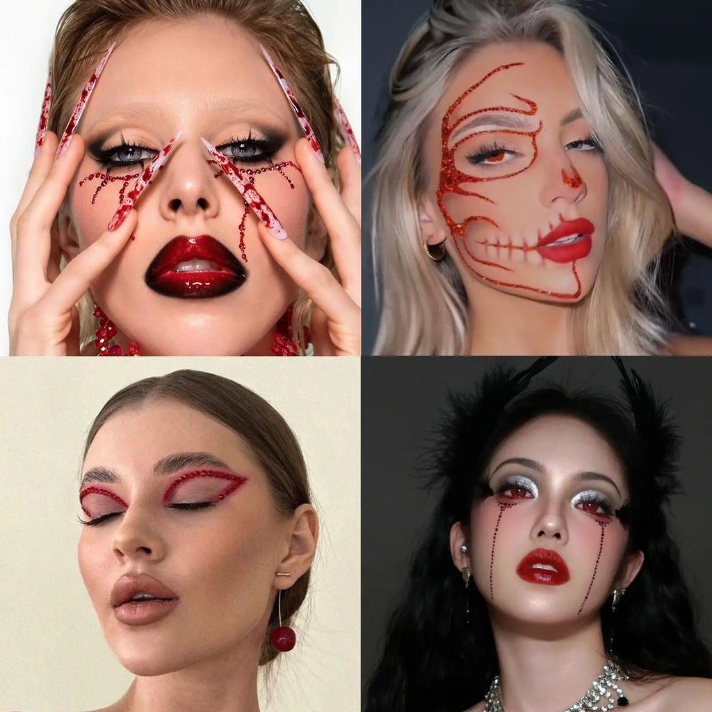 3 Planches Strass Visage Noël Rouge – Stickers Autoadhésifs Bijoux Yeux 3-6mm | Maquillage DIY Piercing Fantaisie