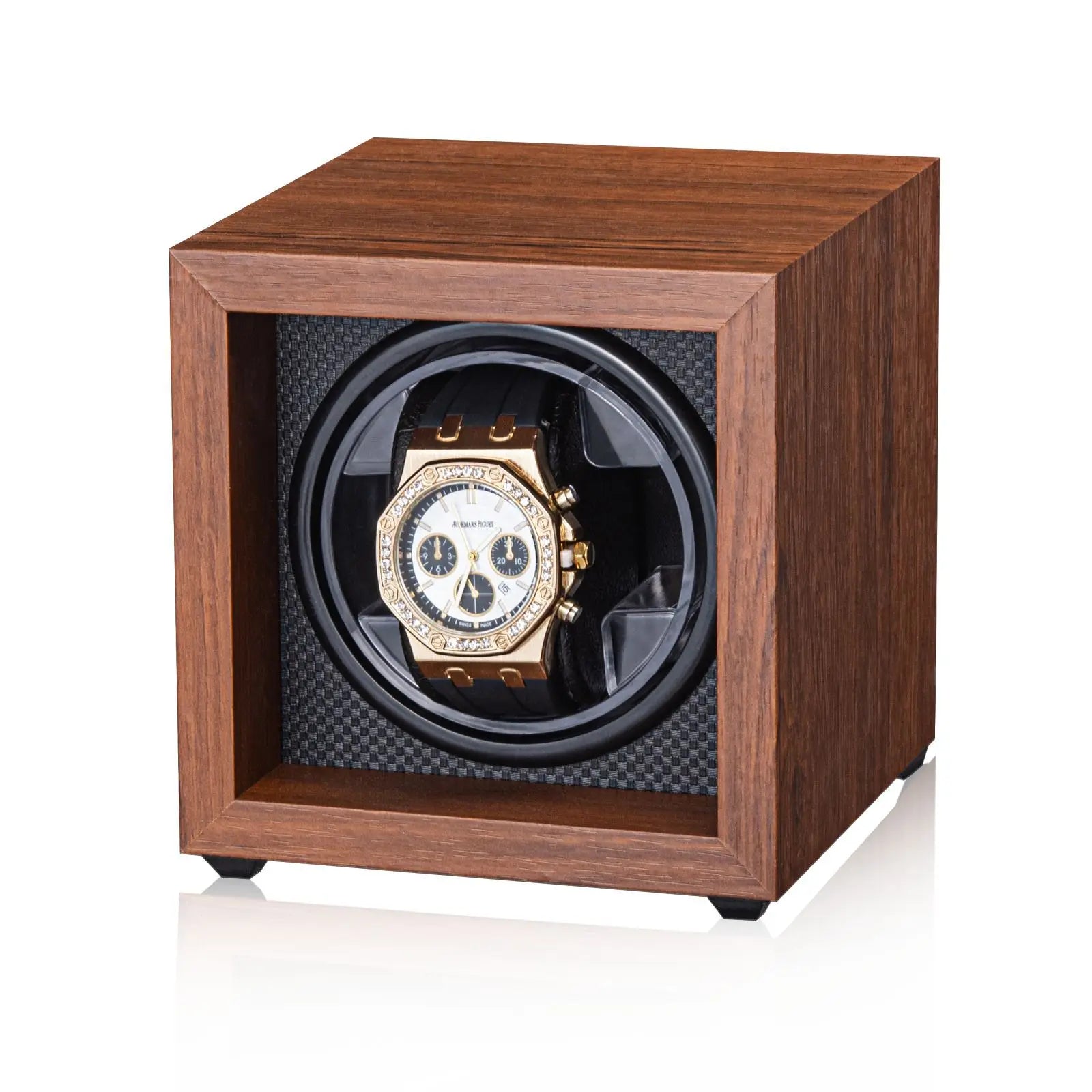 Remontoir Montre Automatique 1/2/4/6 Slots Boîte Bois Moteur Silencieux LED Bleue Vitrine Bijoux Premium | Remontoir Montre Automatique Bois LED Premium