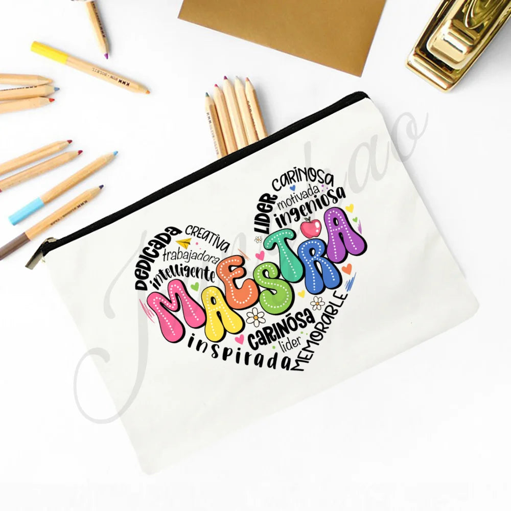 Trousse Maquillage Maestra Imprimé Coeur Espagnol – Organisateur Voyage & Crayon | Cadeau Enseignante