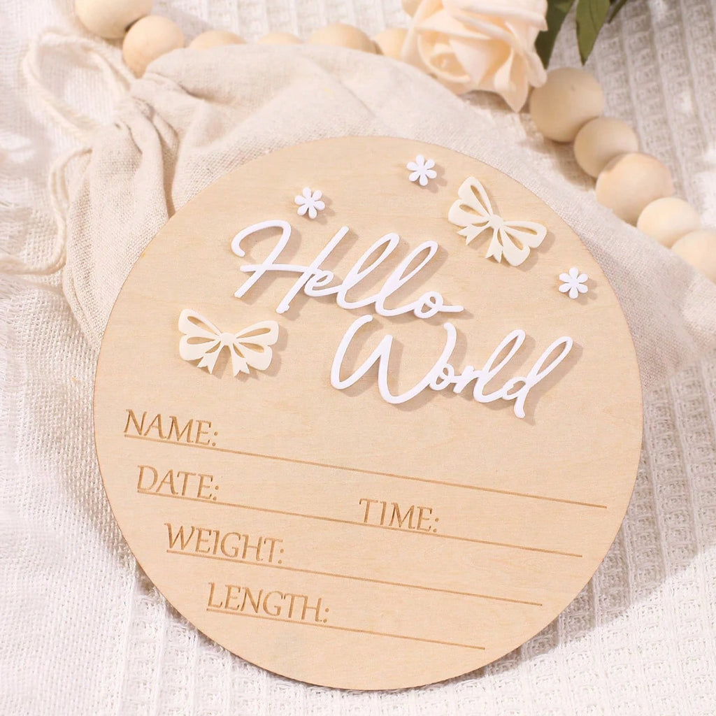 Pancarte Naissance Bébé « Hello World » – Déco Maternité Rose Poudré Papillon Étoile Photo Nouveau-Né