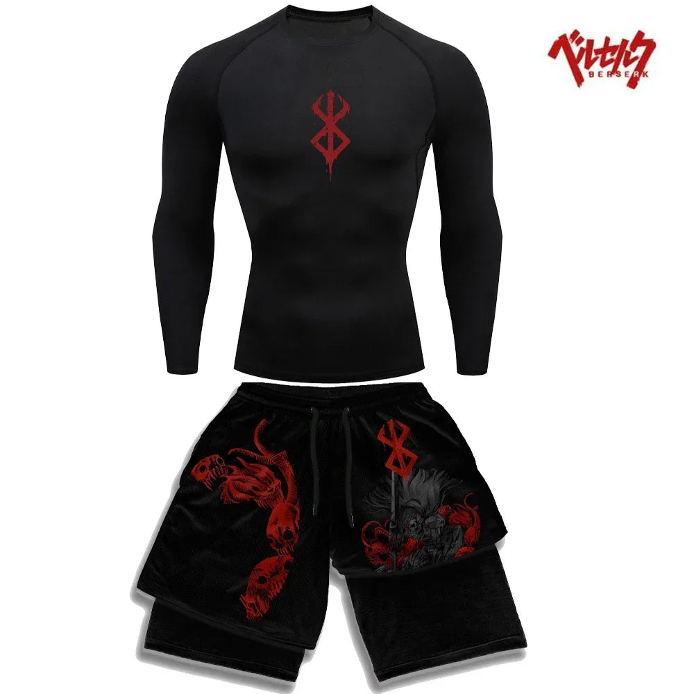 Ensemble Compression Homme Anime Berserk – T-Shirt + Short Gym Séchage Rapide | Running, Fitness & Workout Été | Sportswear Manga