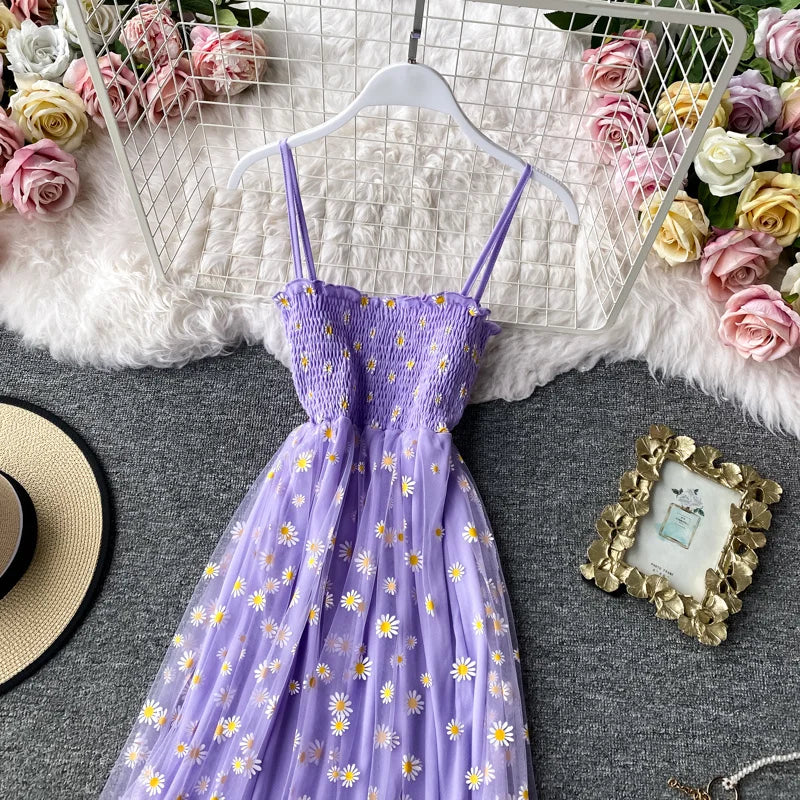 Robe Longue Dentelle Mesh Imprimé Marguerites - Bretelles Fines Fronces Sexy Korean Fashion Été
