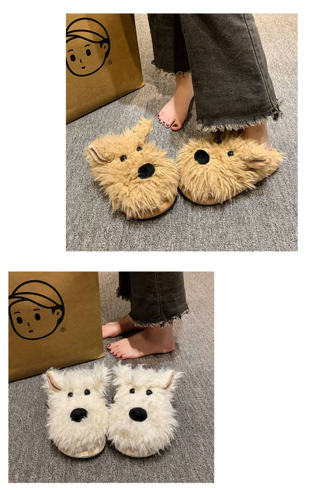 Chaussons Chien Cartoon Plush Hiver Femme – Coton Chaud Non-Slip Intérieur Maison