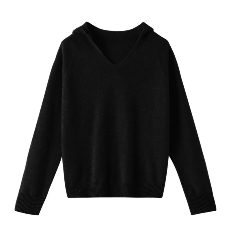 Pull Cachemire Femme 100% Laine Mérinos Col V À Capuche – Chaud Élégant Tendance | Automne Hiver