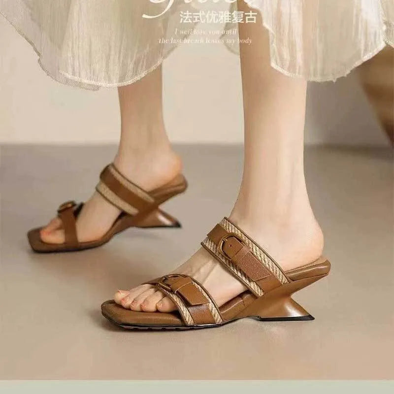 Wedges Vintage Tressé Bout Carré Femme – Boucle Ceinture Bout Ouvert Talon Haut Été