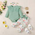 Tenue 3 Pièces Bébé Fille Fleurie – Body Manches Longues + Pantalon Fleurs + Bandeau 0-18 Mois