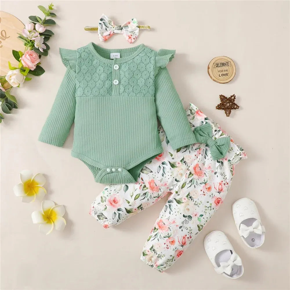 Tenue 3 Pièces Bébé Fille Fleurie – Body Manches Longues + Pantalon Fleurs + Bandeau 0-18 Mois