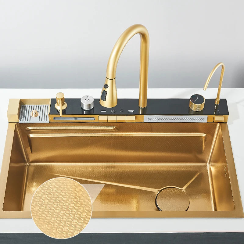 Évier Cuisine Inox 75x45cm Affichage Digital Température – Grand Bac, Robinet Cascade Eau Chaude & Froide | Design Moderne
