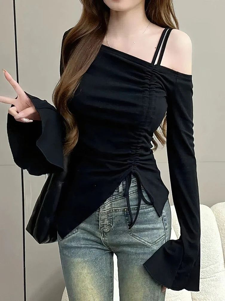 Damen Off-Shoulder-Oberteil Weiß mit Band Kordelzug Glockenärmel Elegant – Sexy Romantischer Body | Casual Chic