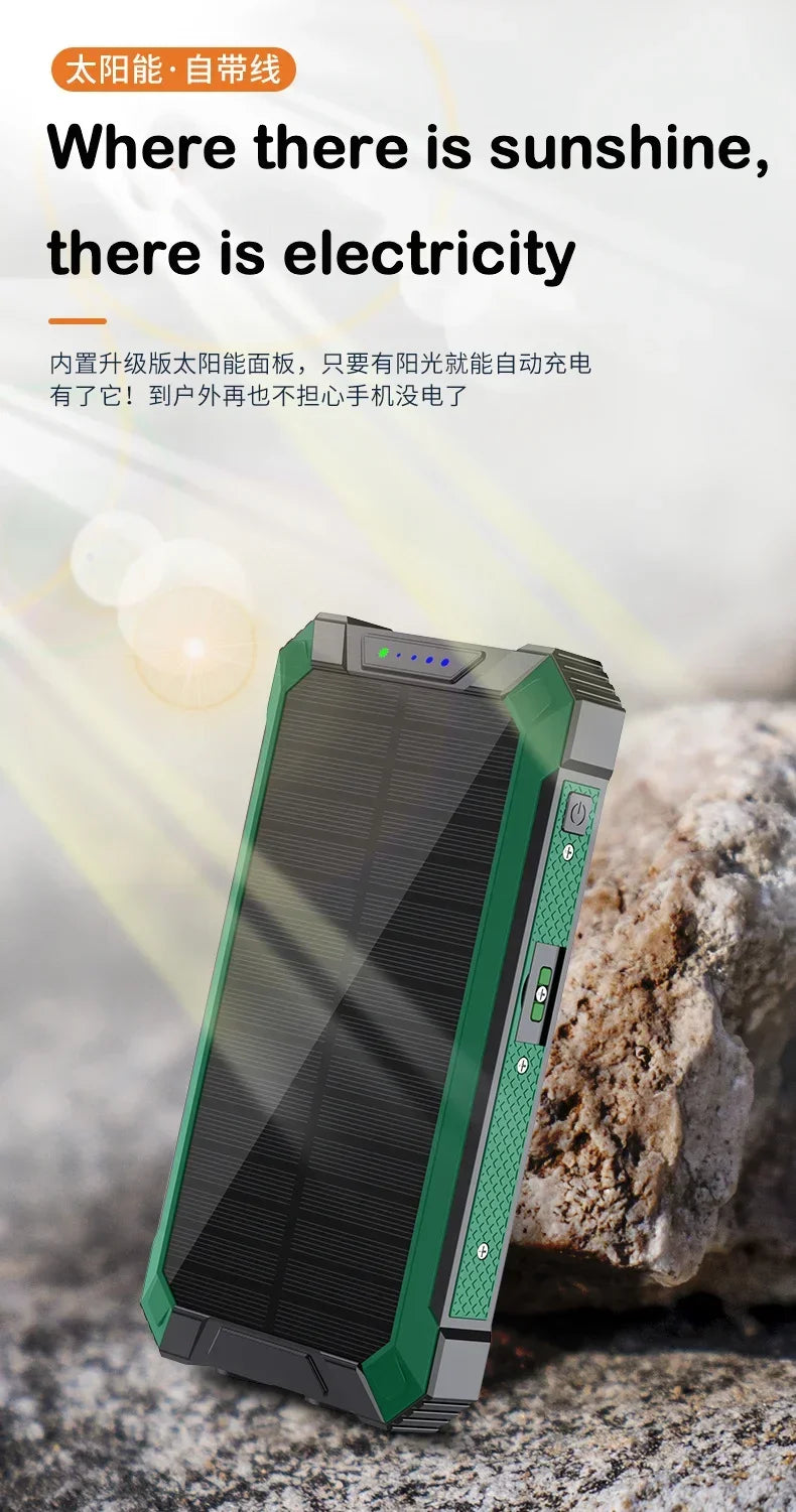 Power Bank Solaire 20000mAh – Charge Rapide Sans Fil 4 Câbles LED Lampe Torche Multifonction