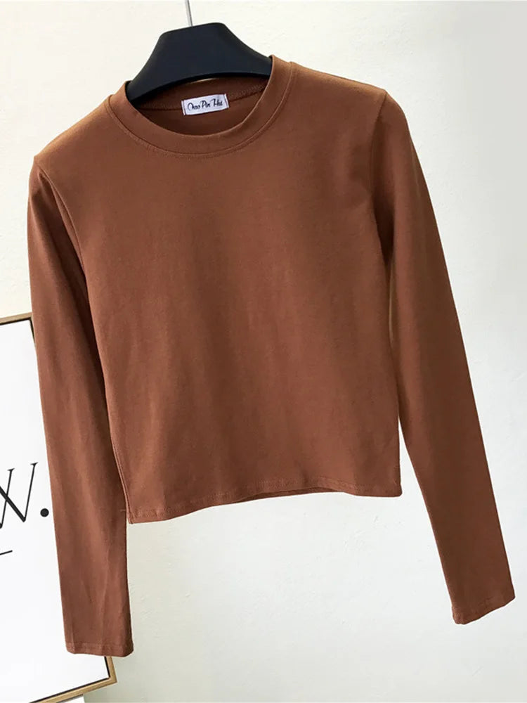 Top Femme Sexy Col Rond Manches Longues Découpe Nombril Basique – Mode Casual & Tendance | Automne