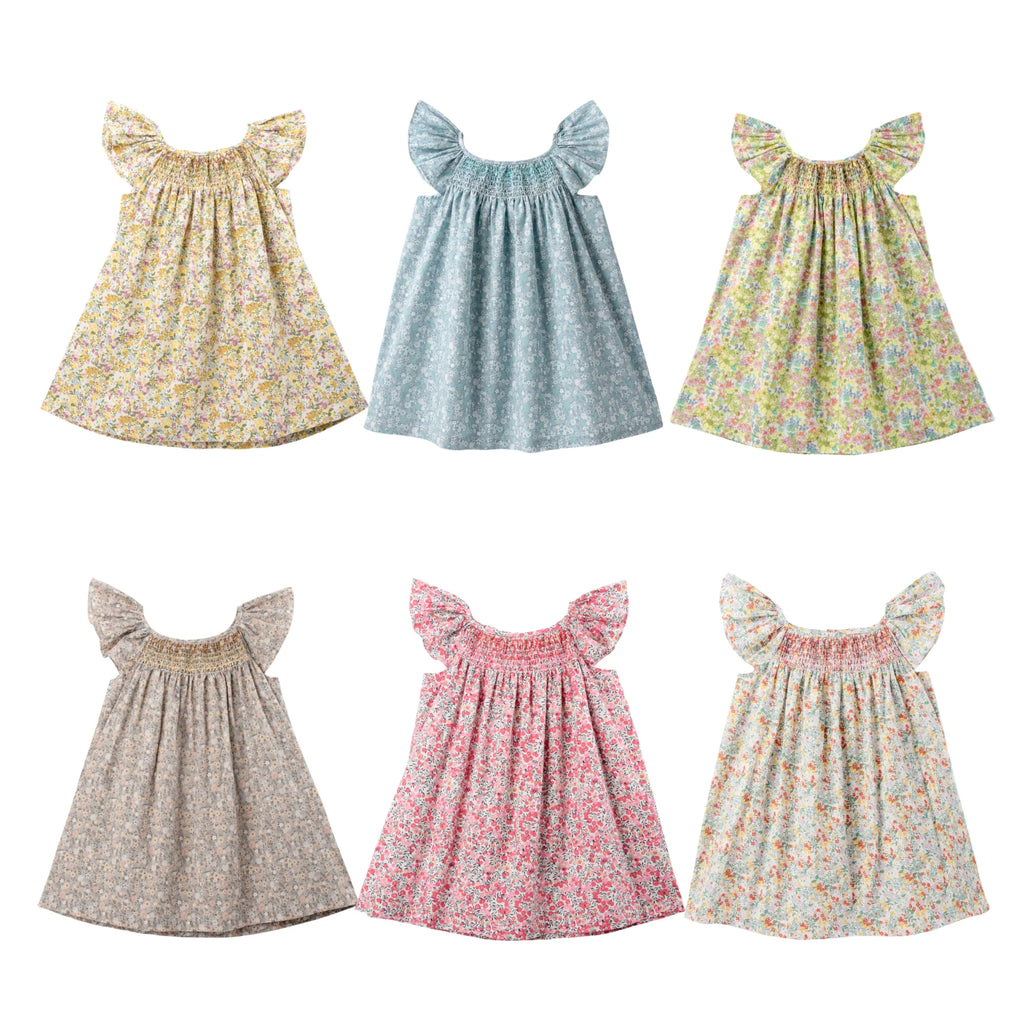 Robe Été Fille Fleurie Smockée Manches Volantes – Tenue Quotidienne Adorable 1-6 Ans