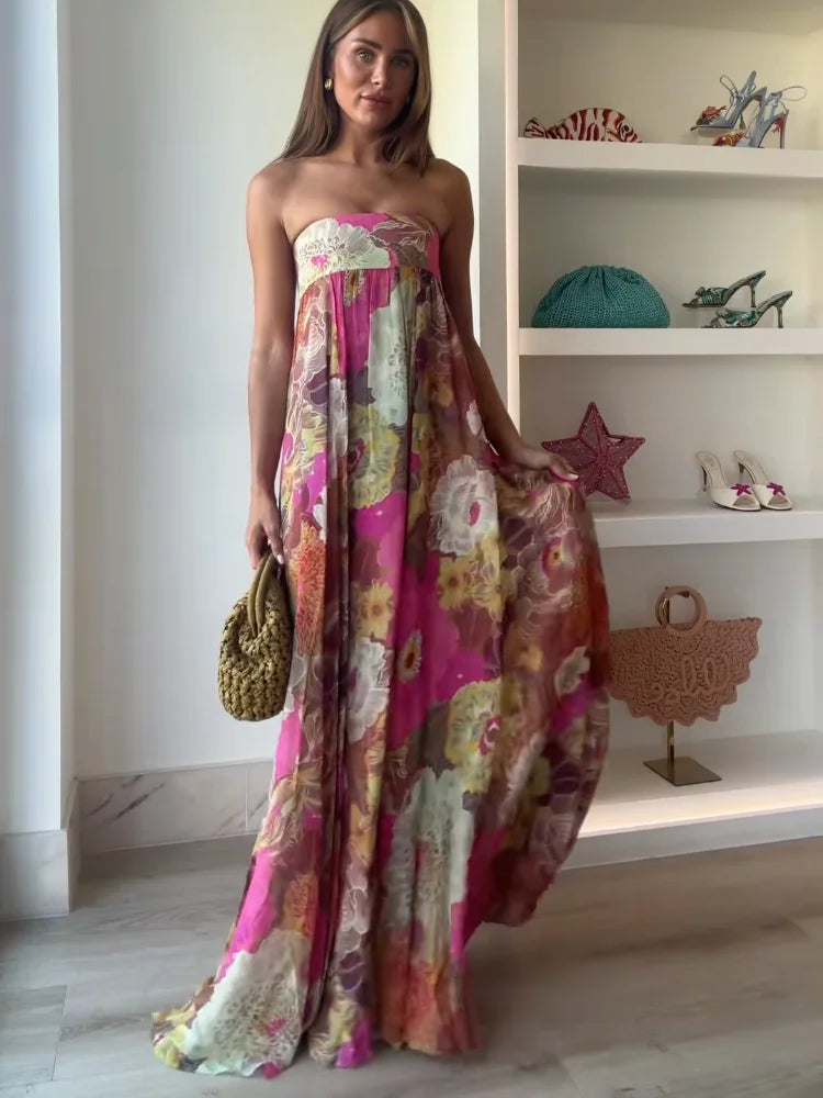 Robe Maxi Femme Imprimée Sans Bretelles Épaules Dénudées Dos Nu Sans Manches Taille Haute – Robe de Soirée Élégante | Été