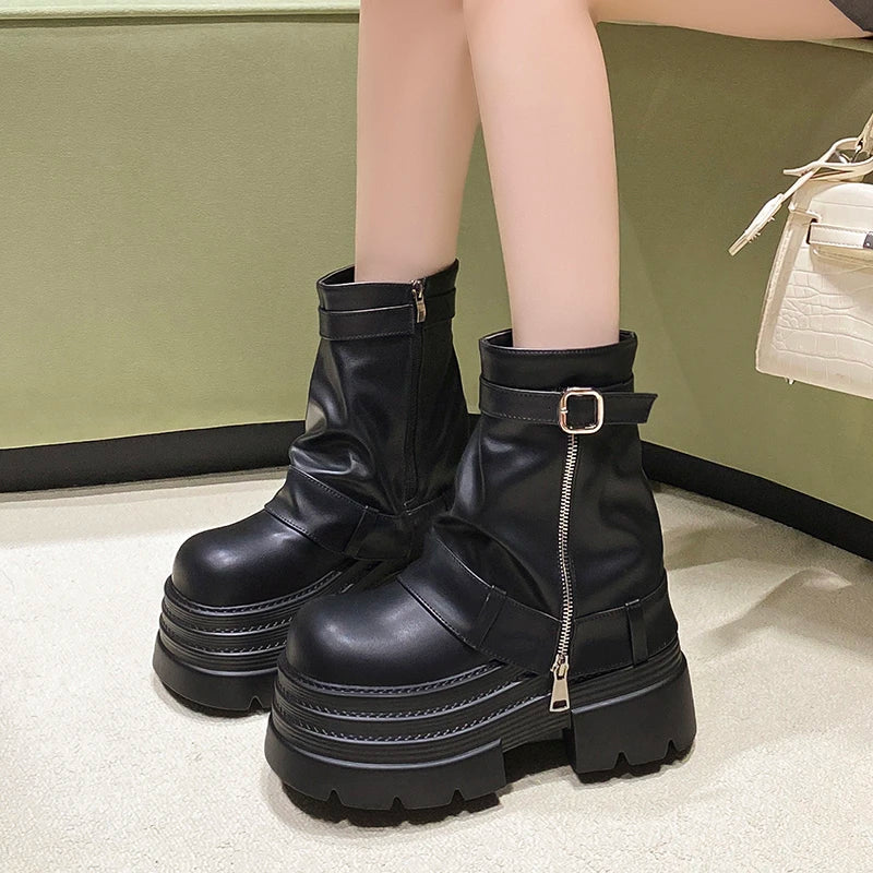 Bottines Cuir Femme 10CM Chunky Platform – Combat Boots Punk Moto Non-Slip Automne Hiver