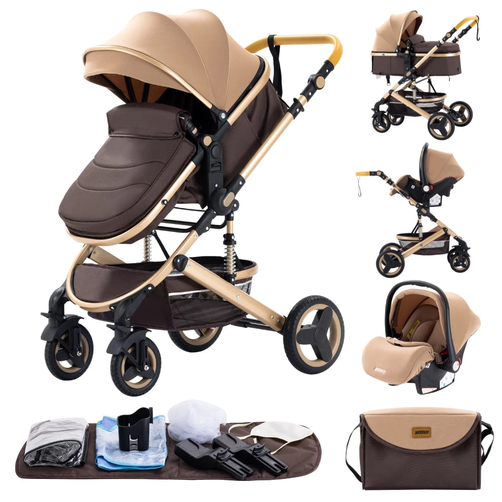 Poussette Bébé 3 en 1 Luxe Pliable Noire – Cadre Aluminium, Haute Vue, Nacelle & Siège | Voyage Nouveau-Né & Nourrisson