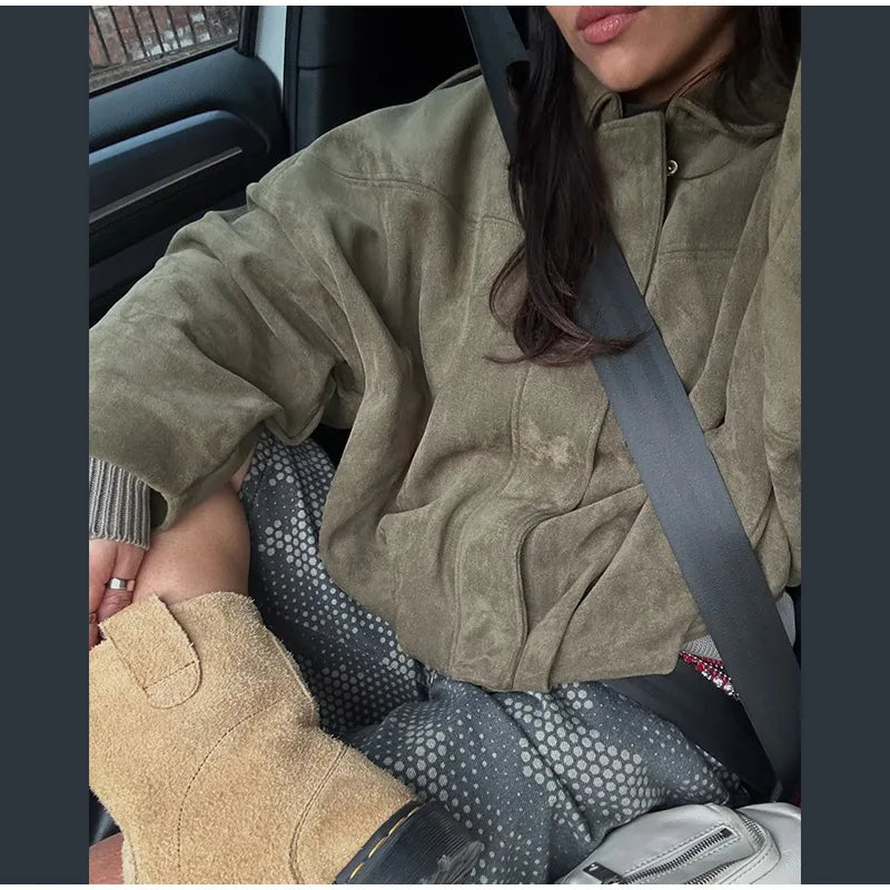 Veste Femme Suède Vert Élégante Manches Bouffantes Revers Fermeture Éclair Ample Plissée – Blouson Court Streetwear Printemps Automne | Mode 2025