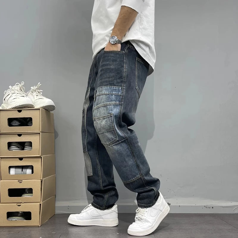 Gerade geschnittene Jeans Patchwork Streetwear 2025 – Japanische Skater-Passform mit mehreren Taschen in großen Größen