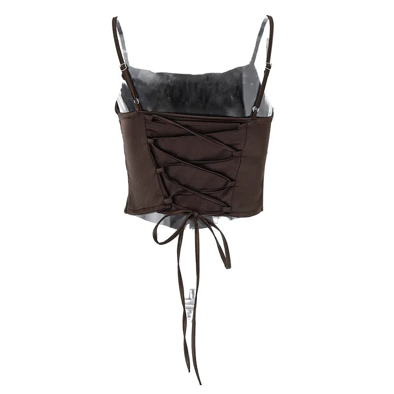 Crop Top Bretelles Fines Bandage Dos Nu & Lacets - Sexy Skinny Streetwear Soirée Femme Été
