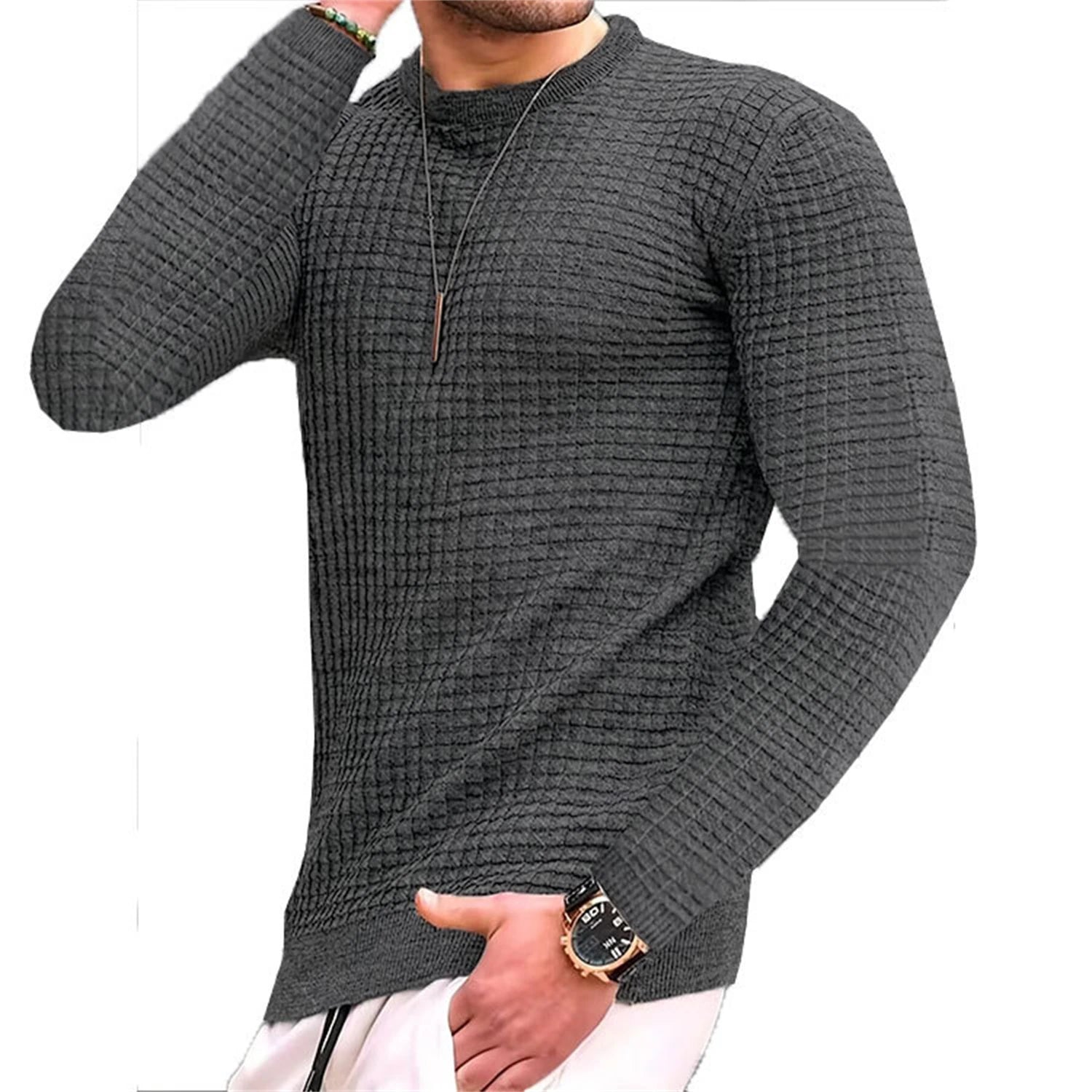 Hoodie Homme Col Rond Jacquard Carreaux Waffle Texture Fashion Casual Chaud Tendance Streetwear – Sweat À Capuche Motif Carreaux Premium | Mode Homme Streetwear Premium