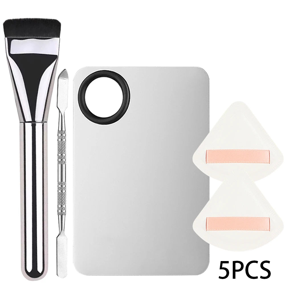 Set Pinceaux Contouring & Fond de Teint – 3/5 Pcs | Palette Inox & Puff