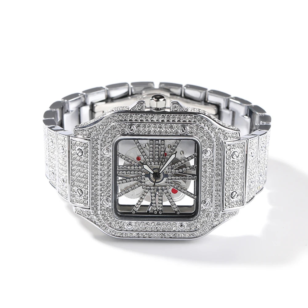 Montre Quartz Transparente Rhinestone Luxe Homme – Cadran Carré Skeleton 35mm Automatique