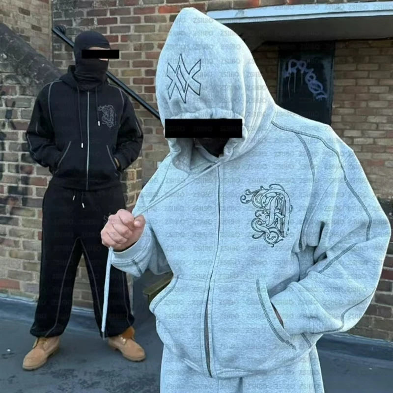 Ensemble 2 Pièces Y2K Américain Unisexe – Sweat Capuche Zip Oversize Broderie Hip Hop + Jogging Casual Homme & Femme | Streetwear