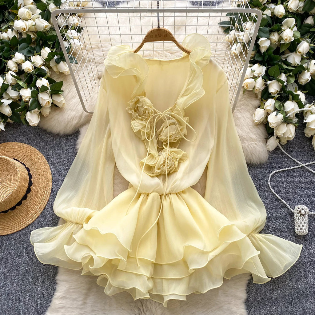 Robe Courte Femme Fleurs 3D Manches Longues Laçage Volants Mousseline – Vintage Bohème Sexy | Plage Été