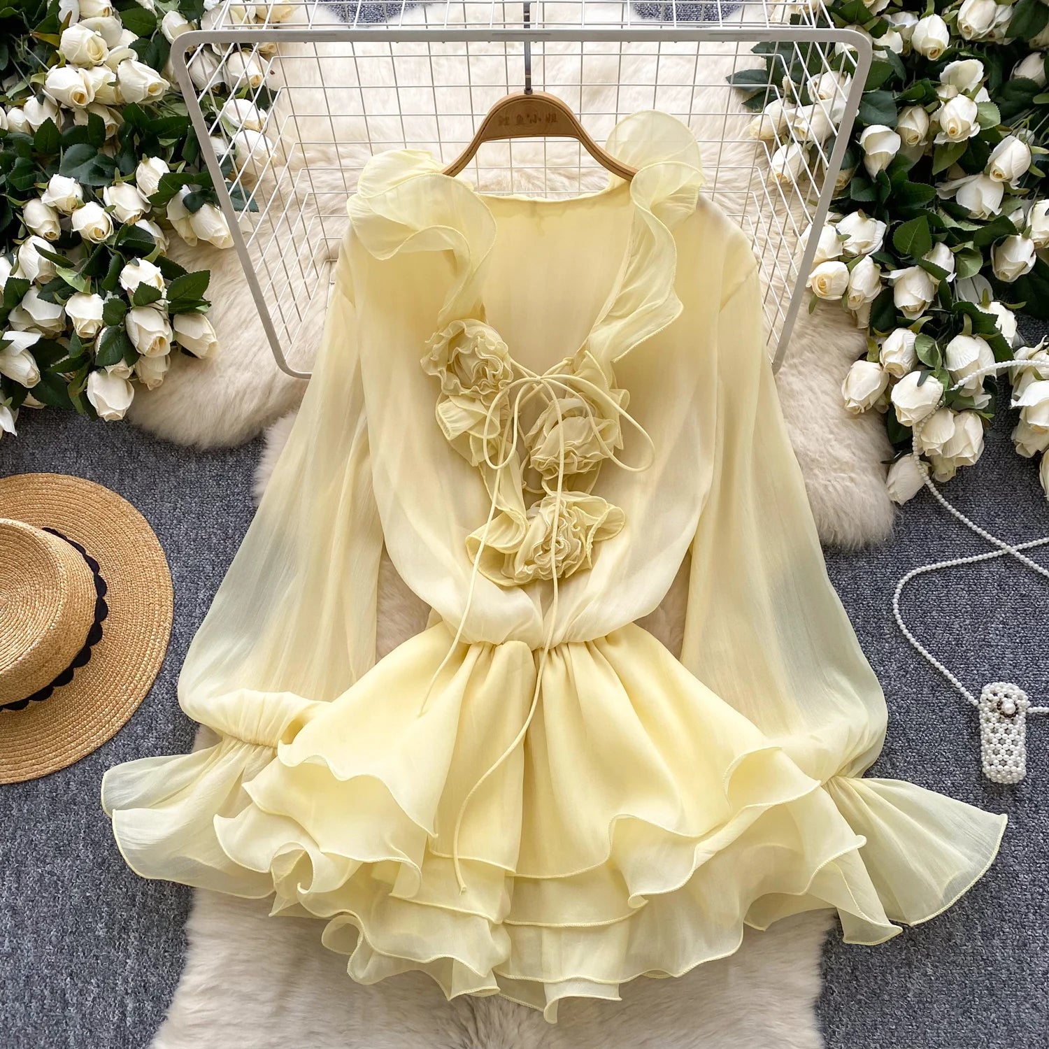 Robe Courte Femme Fleurs 3D Manches Longues Laçage Volants Mousseline – Vintage Bohème Sexy | Plage Été