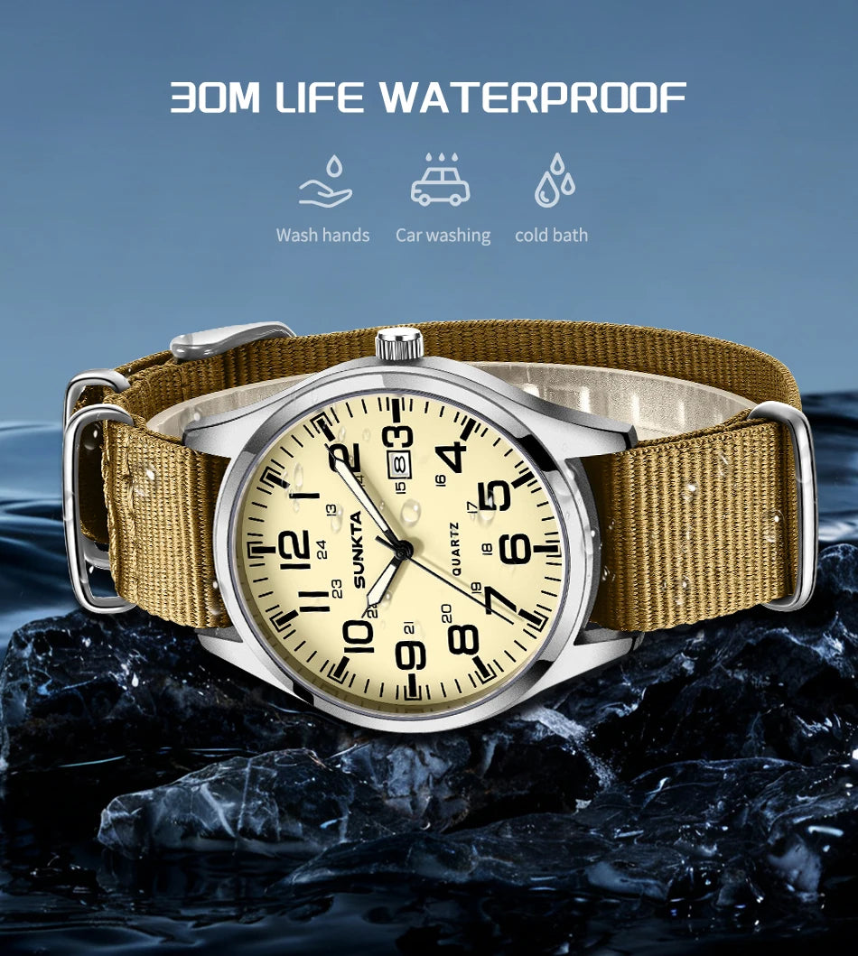 Montre Homme SUNKTA Militaire Sport Luxe Quartz Date Nylon Cuir Lumineux Étanche – Fashion Tendance