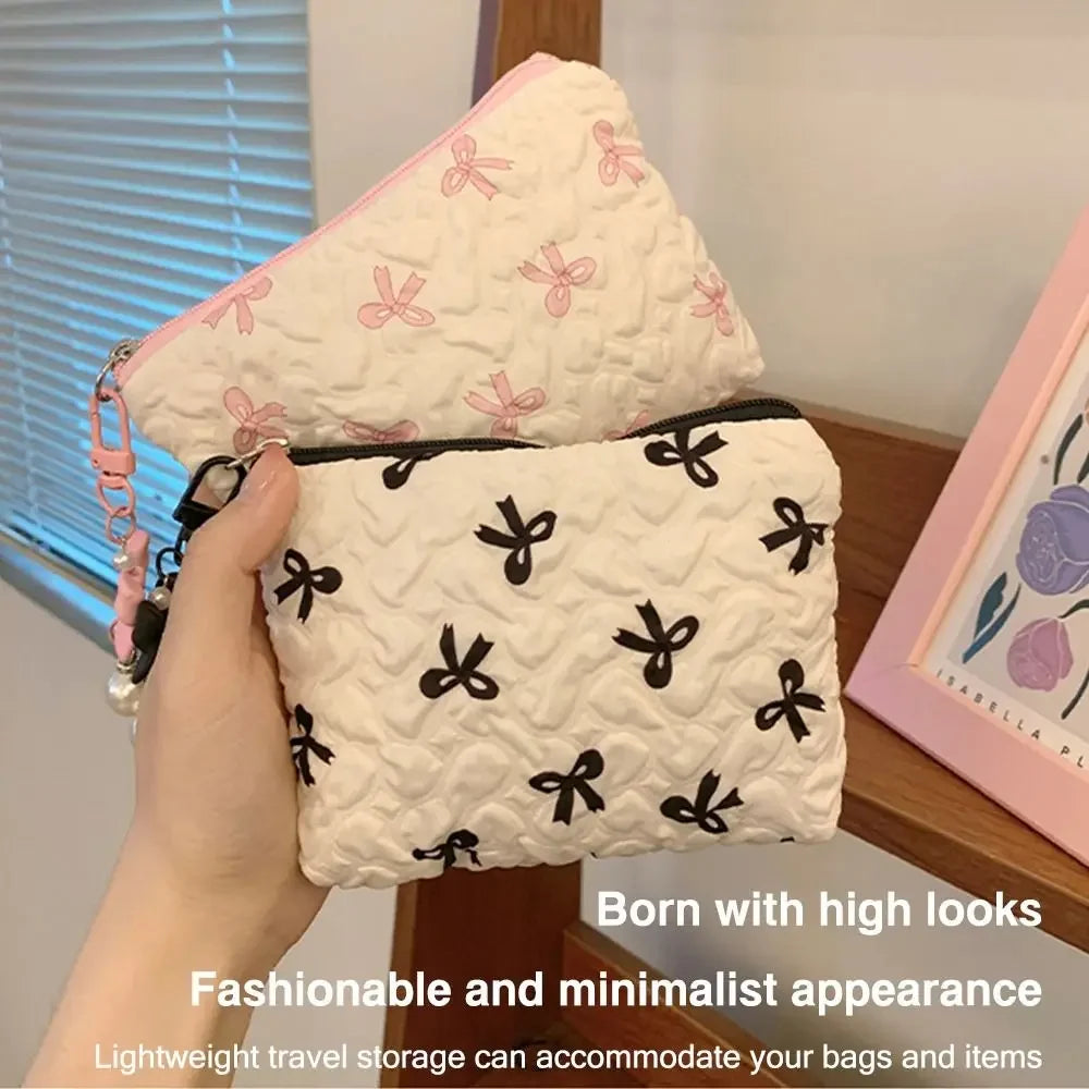 Trousse Cosmétique Nœud Plissé Coton Matelassé – Pochette Maquillage Voyage Filles | Organisateur Portable