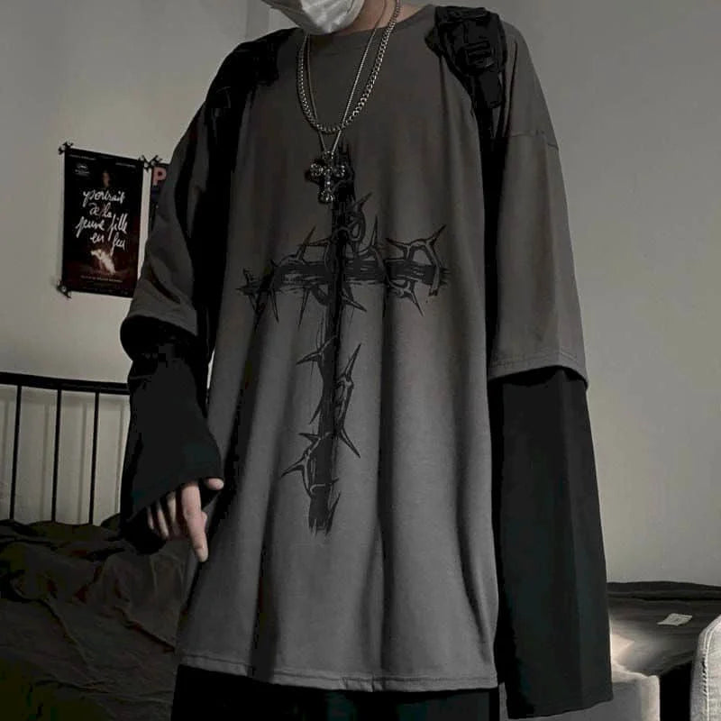 T-Shirt Homme Oversize Manches Longues Croix d'Épines Dark Hip-Hop Y2K Gothic Streetwear Été Tendance – Tee Graphique Dark Aesthetic Unisexe | Mode Streetwear Premium