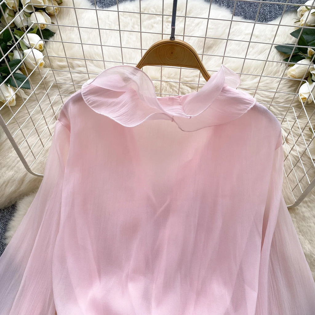Robe Courte Femme Fleurs 3D Manches Longues Laçage Volants Mousseline – Vintage Bohème Sexy | Plage Été