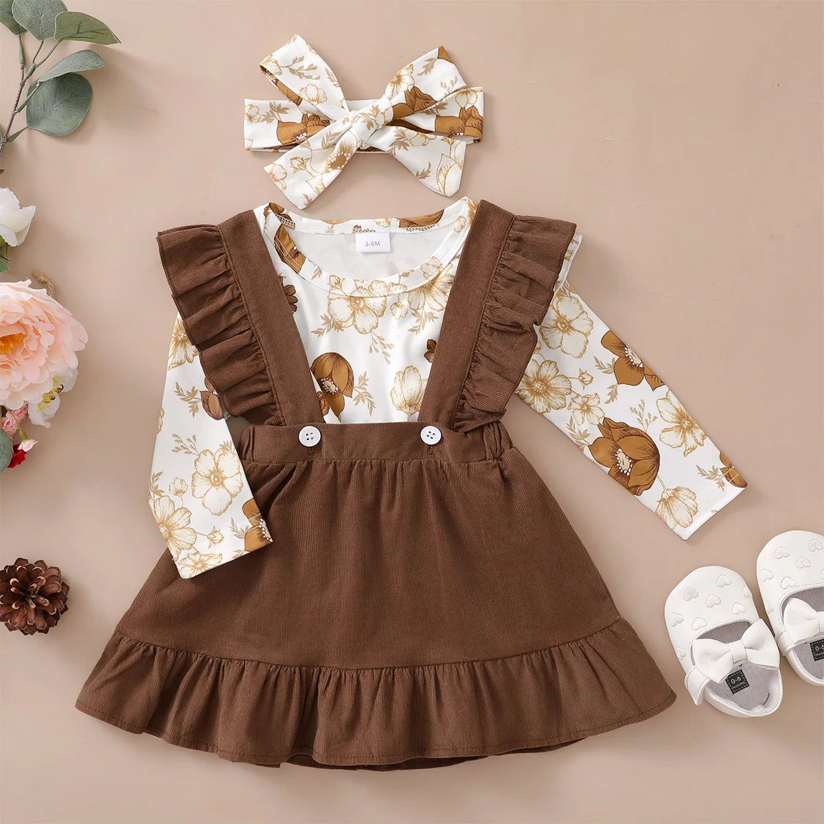 Tenue 3 Pièces Bébé Fille Fleurie – Top Manches Longues + Jupe Bretelles + Bandeau 0-12 Mois