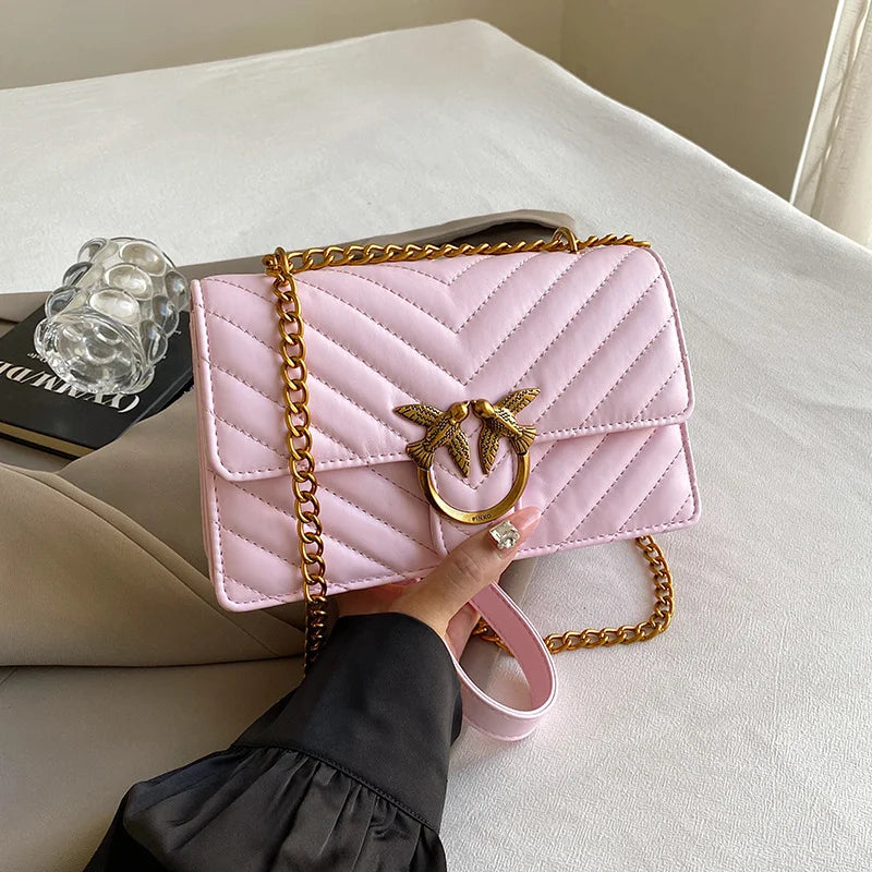 Sac Bandoulière Femme Chaîne Métal Logo – Pochette Crossbody Couleur Unie Fermeture Magnétique