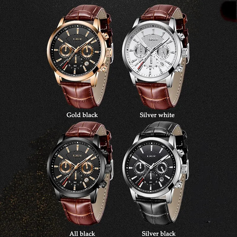 Montre Homme Luxe LIGE Chronographe Quartz Cuir – Business Sport Étanche Date 2025