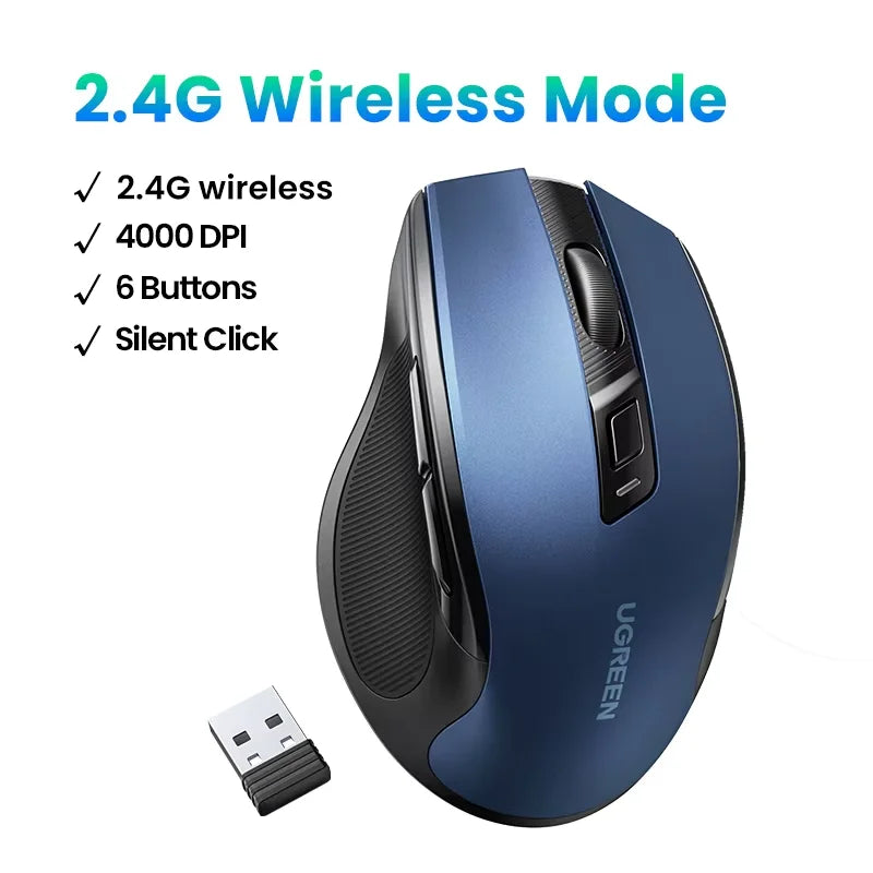 UGREEN Souris Sans Fil Ergonomique – Bluetooth 5.0 & 2.4G, 4000 DPI, 6 Boutons Silencieux | MacBook, PC & Tablette