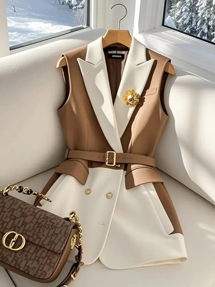 Gilet Blazer Femme Sans Manches Color Block Café Rétro Élégant – Veste Tailleur Bureau Casual Chic Printemps Été | Mode