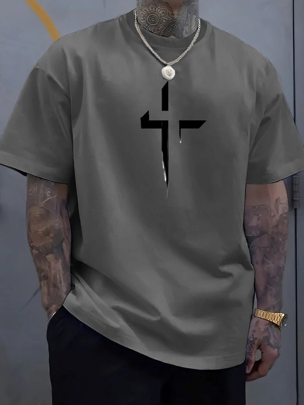 T-Shirt Homme 100% Coton Pur Imprimé Croix Créatif Loose Grande Taille Col Rond Manches Courtes Sport Casual Été Confortable | Mode Homme Tendance